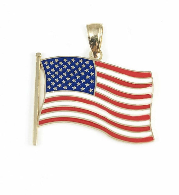 14k Yellow Gold National Flag of the United States of America Pendant Necklace