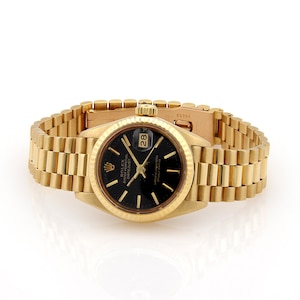 13708 - Rolex Ladies Datejust 18k Gold President Black Dial - Model 6917