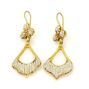 14874 - Seed Pearl Dangle Drop Earrings in 22k Yellow Gold