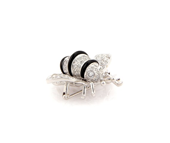 13827 - Diamond Onyx Bumble Bee 18k White Gold Br… - image 4
