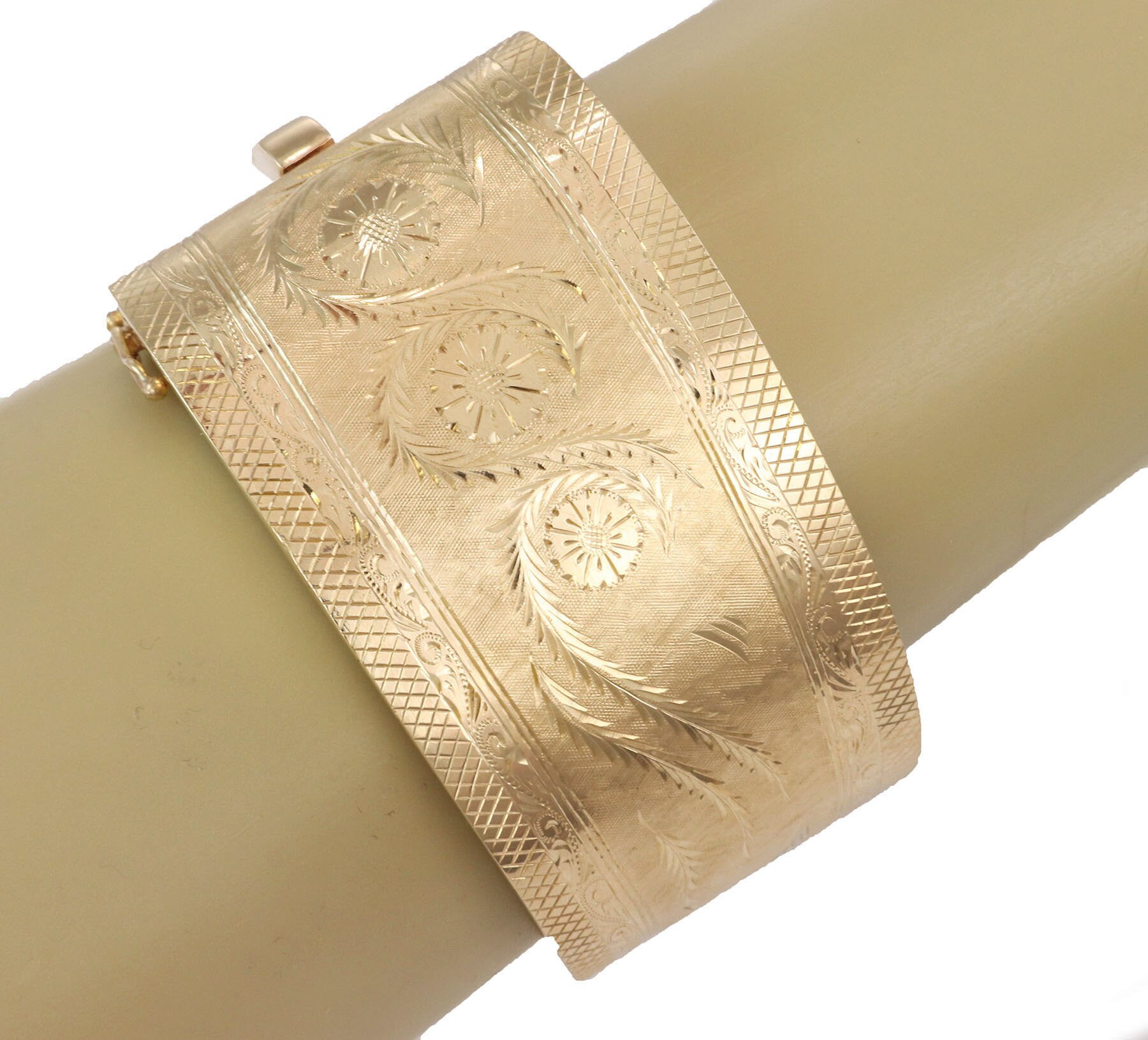 25309 - Fancy Etched Floral Wide Hinged 14k Yellow Gold 25309 - Fancy Etched Floral Wide Hinged 14k Yellow Gold
