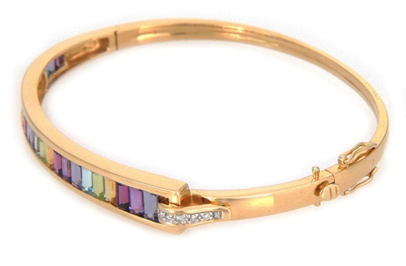 26906 - Guy Laroche Diamond & Gems 18k Yellow Gold Bangle Bracelet View 3