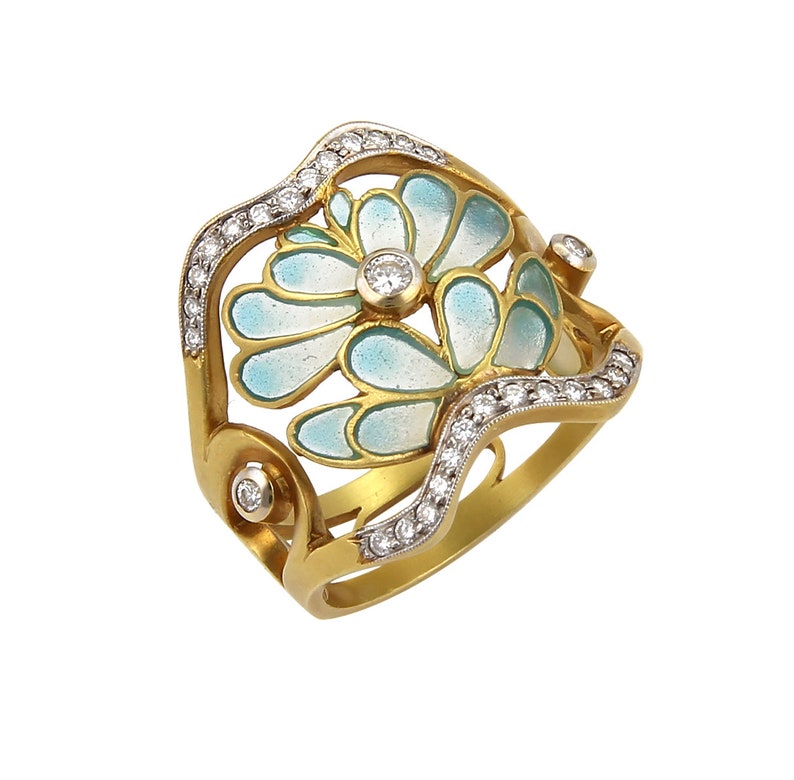 19317 Masriera Diamond Aqua Enamel 18k Gold Open Floral Wave Band Ring image 1