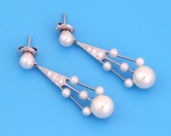 26917 - Mikimoto Diamond Pearls 18k White Gold Fancy Drop Dangle Earrings