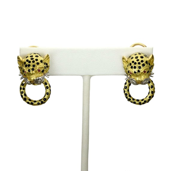 22996 - Diamond & Ruby Enamel 18k Gold Leopard Do… - image 1