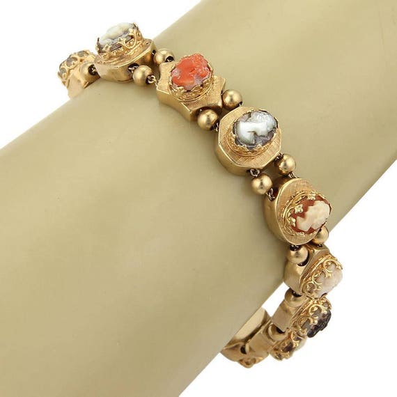 16814 - Coral Mother of Pearl & Shell Cameo 14k Yellow Gold Slide Bracelet
