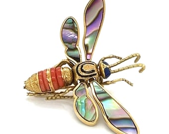 26923 - Coral Abalone Shell Lapis 18k Yellow Gold Large Movable Fly Pin Brooch
