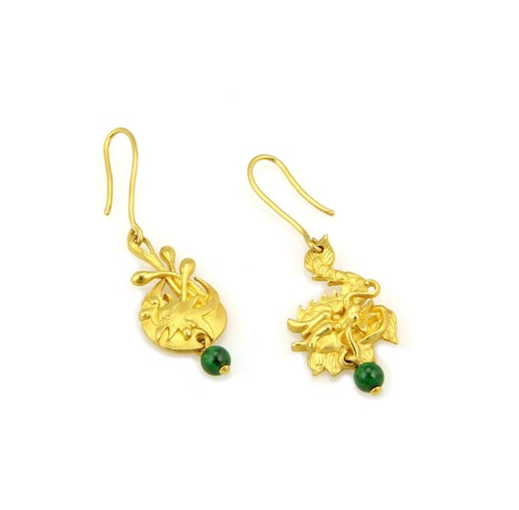 13779 - Jade 24k Gold Carved Dragon & Pheonix Hoo… - image 1