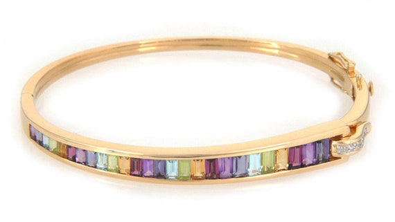 26906 - Guy Laroche Diamond & Gems 18k Yellow Gold Bangle Bracelet