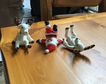 Vintage Tumbling Santa and Reindeer Figurines from 1960’s