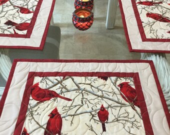 Candy Cane /& Holly Ready to Ship 17 x 12 Cardinal Quilted Placemats Set of 4 with Roses Pine