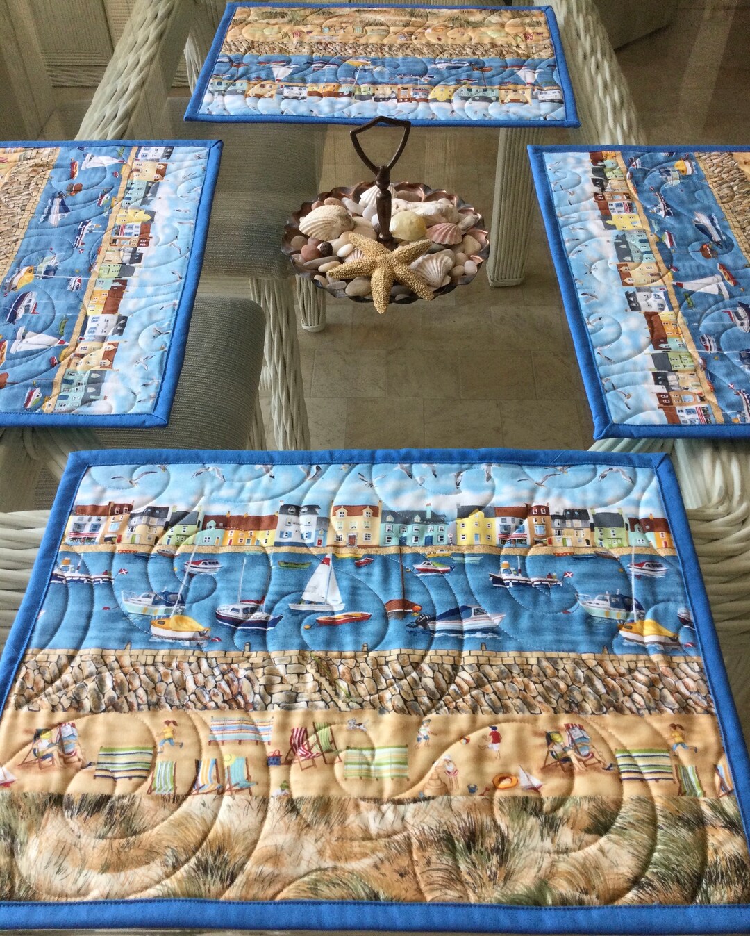 Beach Placemats, Quilted Summer Placemats, Nautical Decor, Sold in Sets of 4, Beach Table Decor