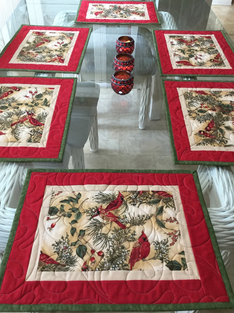 Quilted Placemats Table Placemats Holiday Placemats Handmade Placemats Ready to ship,Christmas Placemats Set of 4. Cardinals Placemats