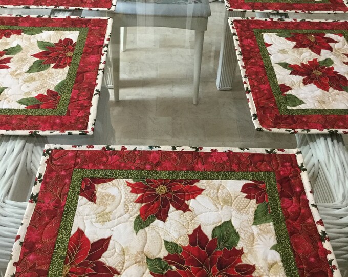 Christmas Placemats, Quilted Placemats, Poinsettia Placemats, Sold in