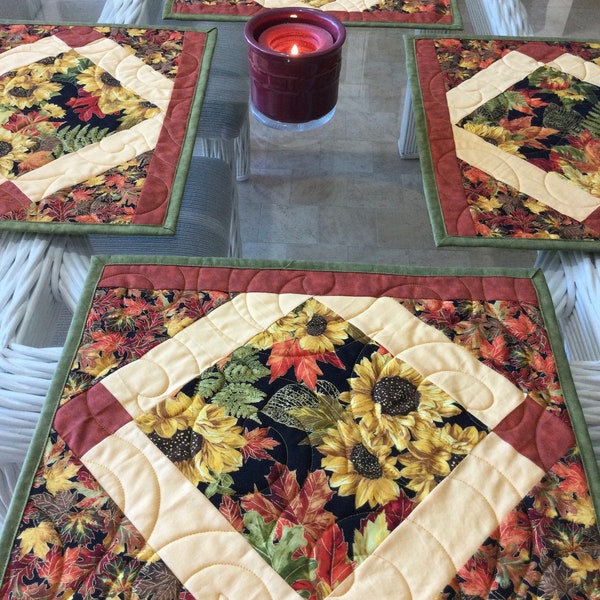 Sunflower Placemats, Fall Table Mats, Quilted Fall Placemats,, Ready to ship, Reversible Placemats, Autumn Decor for Table,Sold in sets of 4