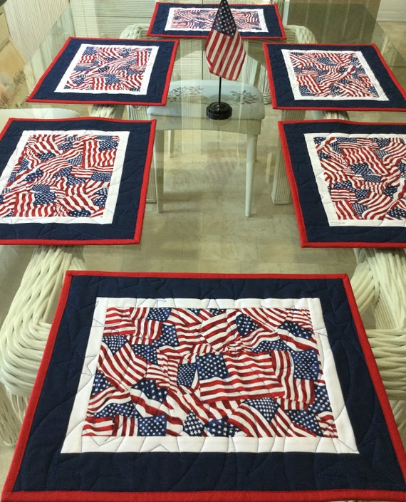 4th of July Placemats Set of 4 American Flag Motif Print Fabric Table Mats