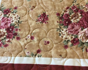 Floral Quilted Placemats - Set of 4 - Wine & Taupe Dining Decor