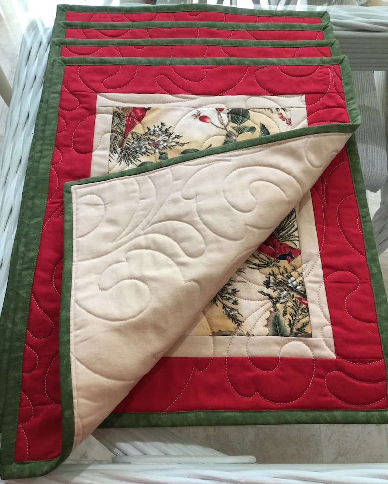 Quilted Placemats Table Placemats Holiday Placemats Handmade Placemats Ready to ship,Christmas Placemats Set of 4. Cardinals Placemats