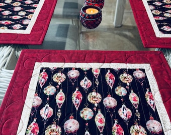 Handmade Christmas Ornament Quilted Placemats: Holiday Table Decor, Set of 4