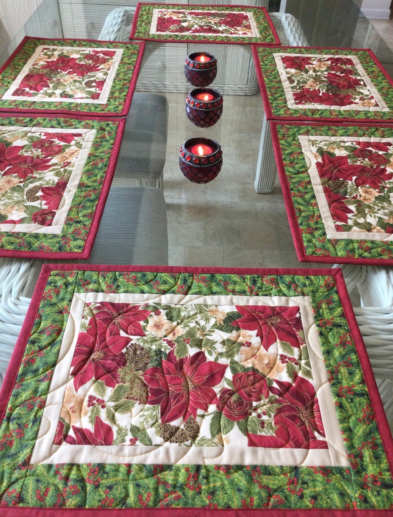 Poinsettias Placemats Quilted Placemats Christmas Decor for Etsy