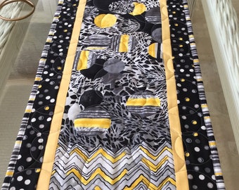 Modern Quilted Table Runner: Gray, Black & Yellow Circles, Contemporary Decor