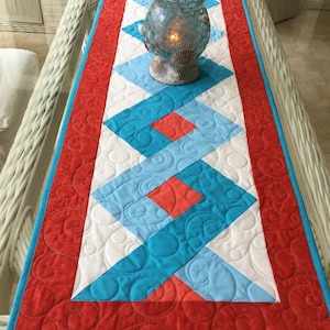 Handmade Quilted Table Runner: Turquoise, Coral, Coastal Decor (56X18")