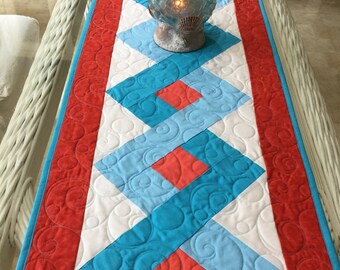 Handmade Quilted Table Runner: Turquoise, Coral, Coastal Decor (56X18")