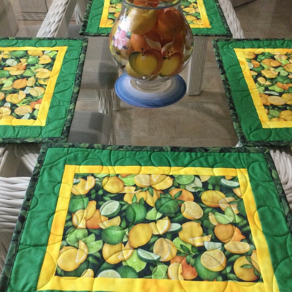 Citrus Placemats, Quilted Placemats, Lemons and Limes Placemats, Ready to ship, Sold in sets of 4, Summer Placemats, Hostess Gift.