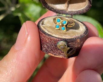 Antique tiny high carat gold & turquoise ring charm chain link