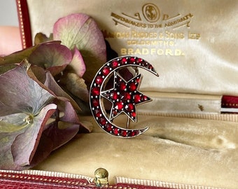 Beautiful antique Victorian rose gold and garnet moon & star crescent brooch