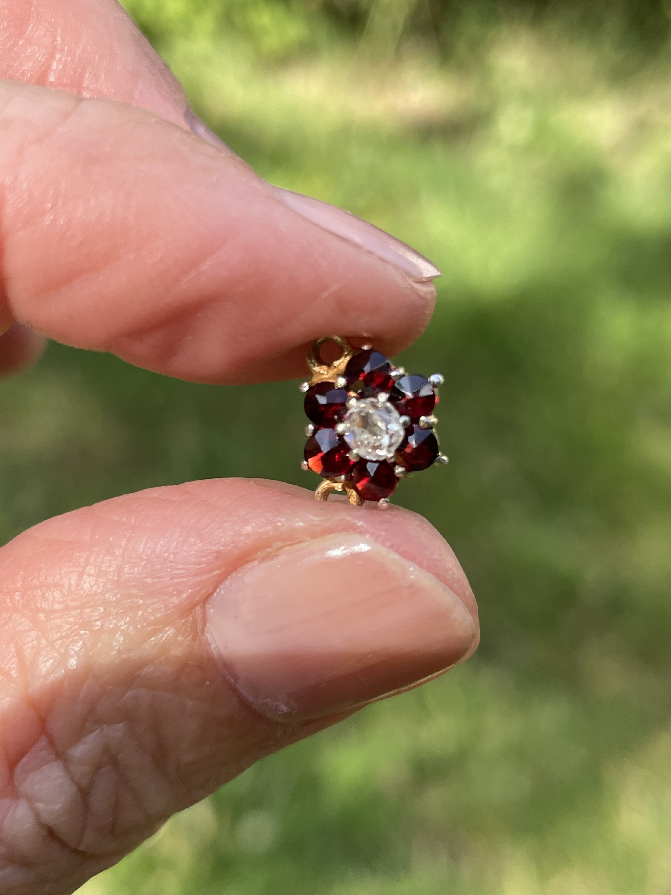 Lovely Antique Silver Gilt Garnet and 0.24ct Old Cut Diamond
