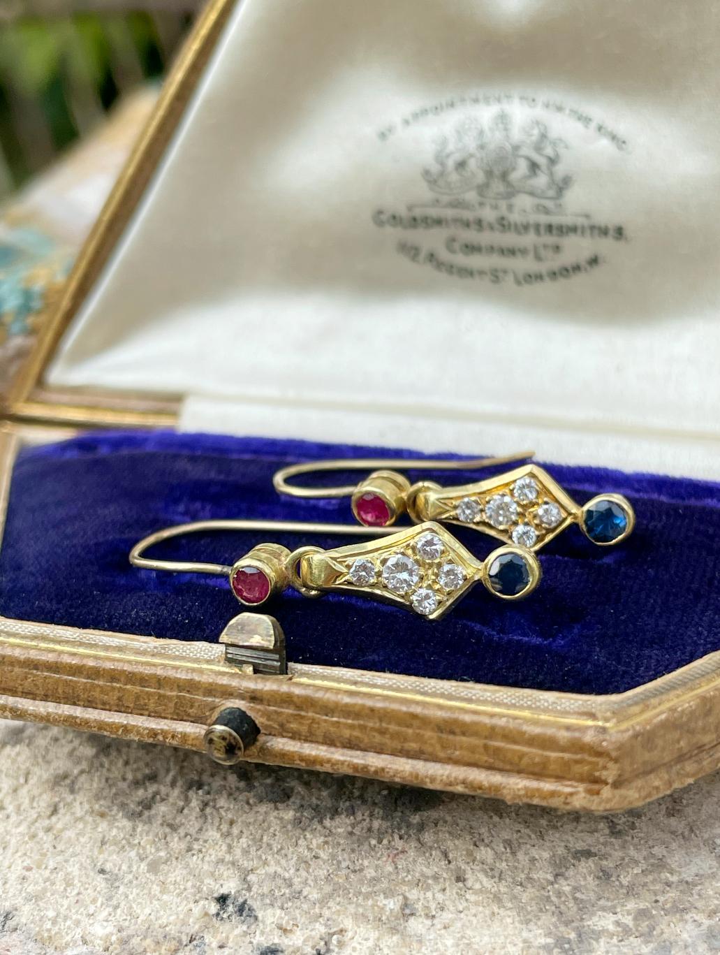 Diamond, Sapphire & Ruby Earrings in 18ct Gold