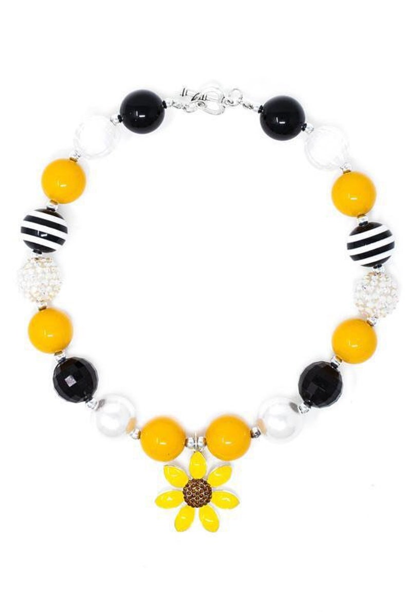 Daisy Flower Chunky Bead Necklace Girls Baby Jewelry Sequins Toddler Rhinestone Yellow Black White Gumball Beads 20mm