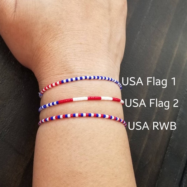 Stretch seed bead country flag bracelet, Azores, Bahamas, Brazil, Canary Islands, Colombia, Croatia, Italy, Portugal, Spain, Ukraine, USA