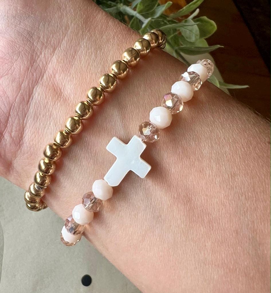 Bracelet Perles En Verre Avec Croix Et Tête De Mort - Acier Inoxydable - Neuf Avec étiquettes