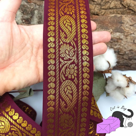 Indian jacquard ribbon, bordeaux and gold, 6 cm. - creative supplies