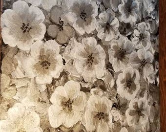 Silver, black and white contemporary floral painting by Pamela Henry home or office wall decor shimmery silvers