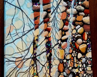 Stream Reflections nature painting by Pamela Henry see the detail of the rocky stream in the shadows of the trees. Conversation piece