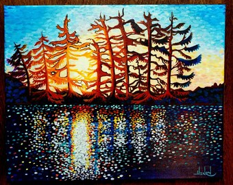 Sold- Sunrise at the Lake nature painting by Pamela Henry blues, yellows, reflection restoring unique outdoors wall decor