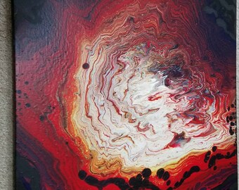 Fire and Ice unique acrylic pour contemporary affordable wall art painting by Pamela Henry liquid art ring technique reds blues yellows