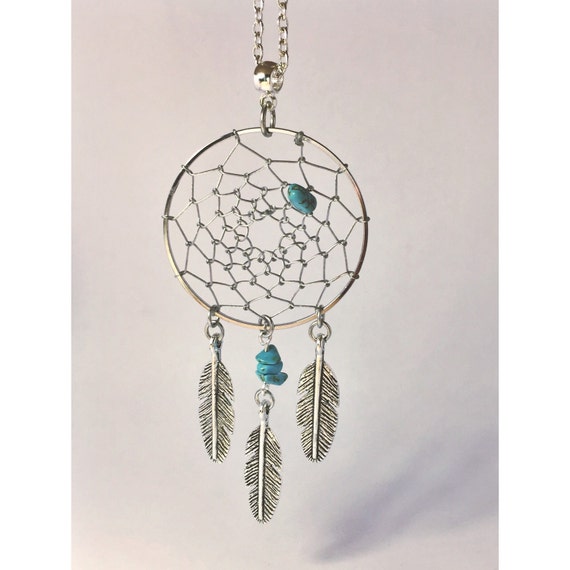 Silver dream catcher necklace with silver feather charms and Etsy