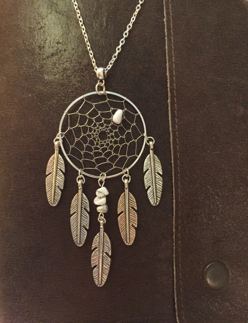 Silver dream catcher necklace with silver feather charms and Etsy