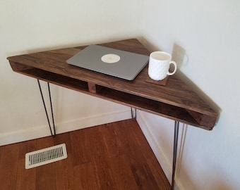 Reclaimed Wood Corner Triangle Desk Handmade with Cubby Holes on Hairpin Legs - READY to SHIP - Rustic, Mid Century