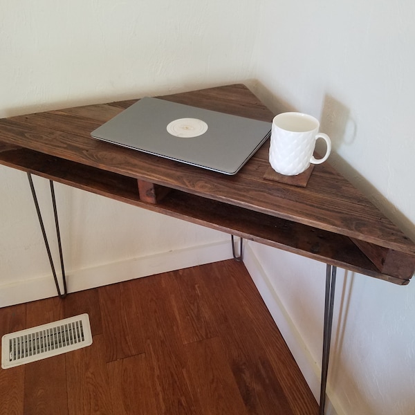 Reclaimed Wood Corner Triangle Desk Handmade with Cubby Holes on Hairpin Legs - READY to SHIP - Rustic, Mid Century