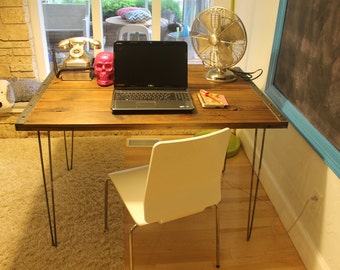 Industrial  Reclaimed Wood Desk on Hairpin Legs, Rustic, Mid Century, Modern