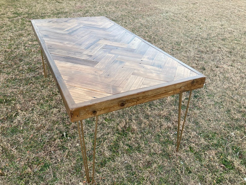 Reclaimed Wood Herringbone Dining Table on Gold Hairpin Legs Etsy