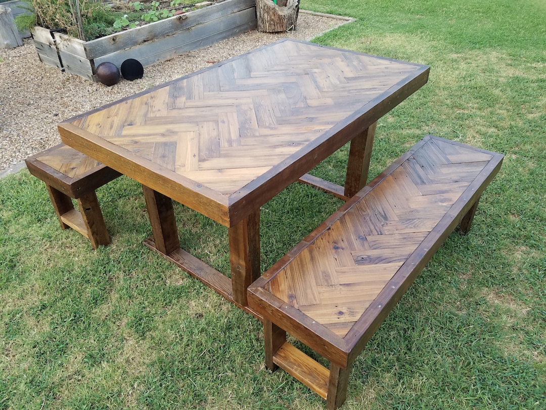 Farmhouse Reclaimed Wood Herringbone Dining Table & Benches Set ...