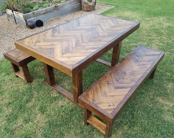 Farmhouse Reclaimed Wood Herringbone Dining Table & Benches  Set - Farmhouse, Chevron