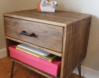 Reclaimed Wood Nightstand with Drawer & Cubby - The "Holland", Mid Century, Rustic, Farmhouse, Industrial