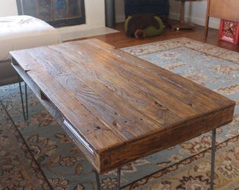 Reclaimed Wood Coffee Table on Hairpin Legs - **READY to SHIP** Pallet Style with Cubby, Storage, Mid Century, Industrial, Farmhouse, Rustic